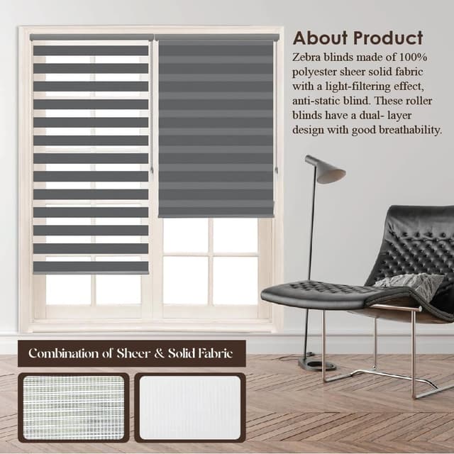 Detalle 2 de Rehan & Co Grey Day and Night Zebra Roller Blinds (Dual Layer) for Windows & Doors, 64cm W x 165cm L