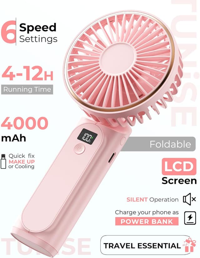 Detalle 2 de TUNISE TUNISE Handheld Portable Fan (4000mAh) with LED display, 180° adjustable rechargeable