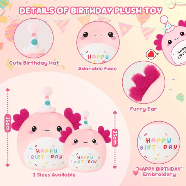 Detalle de SQEQE Happy Birthday Axolotl Plush Pillow (35CM) – soft cuddly birthday gift