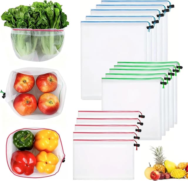 Detalle de DAMIHAI 15er Set Obst- und Gemüse-Netztaschen mit Kordelzug (3 Größen) – wiederverwendbare Netzbeutel