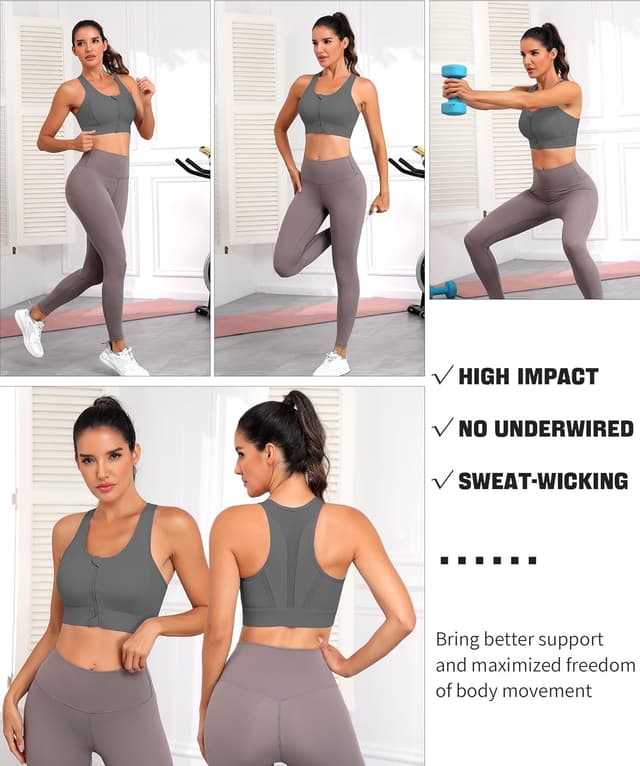 Detalle de JoyGirl Zip-Front High Impact Seamless Sports Bra with Padded Cups for Running, Yoga & Gym