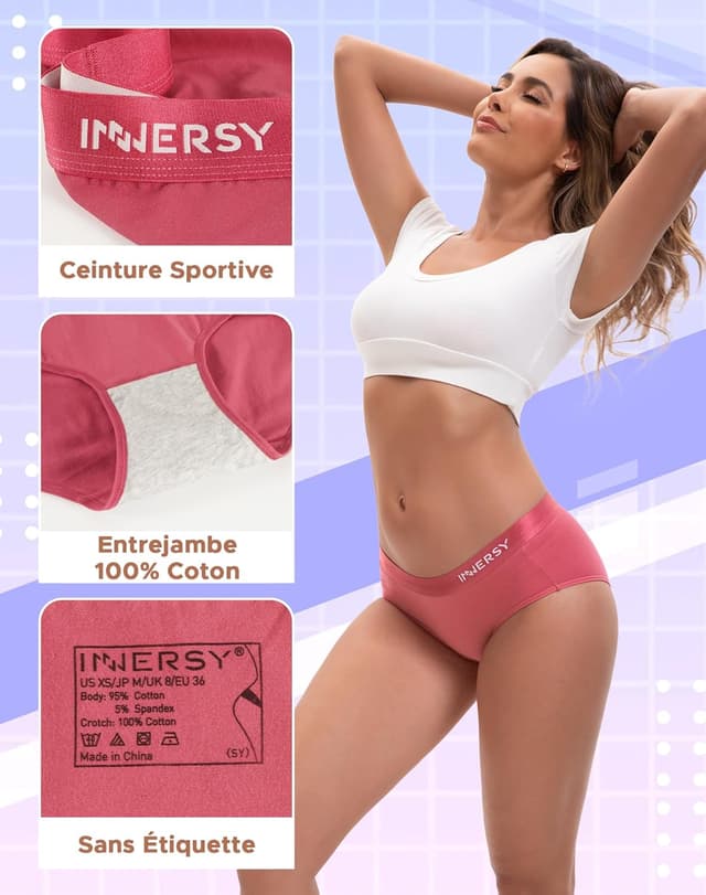 Detalle de INNERSY Lot de 6 culottes coton femme taille basse stretch – slip sport confort
