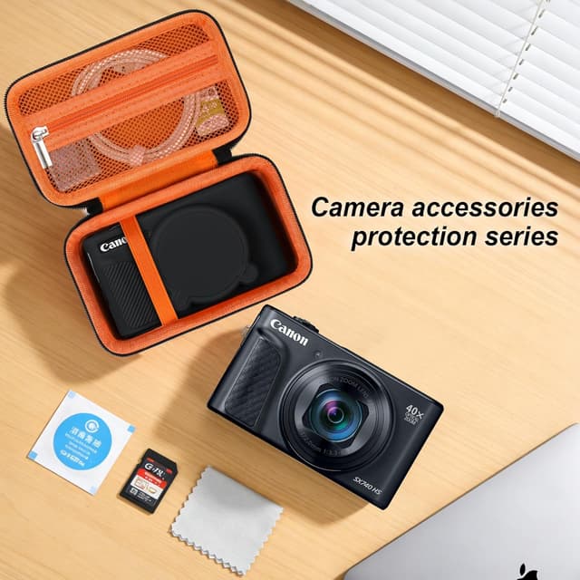 Detalle de BOVKE Hard Case + Silicone Cover for Canon PowerShot SX740 SX730 (Shockproof EVA storage bag, lens cover, wrist strap) – Black + Orange