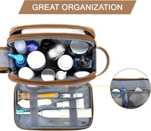 Detalle de BAGSMART Herren-Kulturbeutel mit Doppelreißverschluss, 5 l – wasserdichte Reisetuchtasche in Khaki