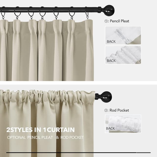 Detalle 2 de Deconovo Home light beige pencil pleat thermal blackout curtains (90 x 108 inch) – one pair