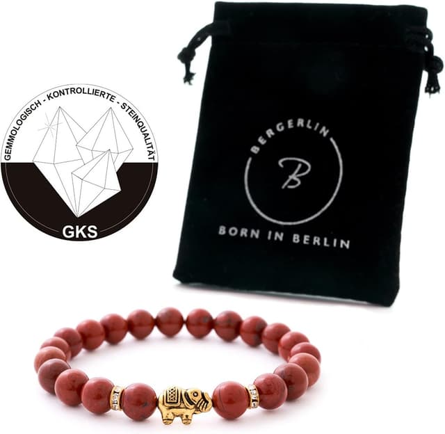 Detalle 2 de BERGERLIN Elefant-Armband aus Naturstein mit Echtheitszertifikat – echte Naturstein-Perlen & Kristall-Highlights