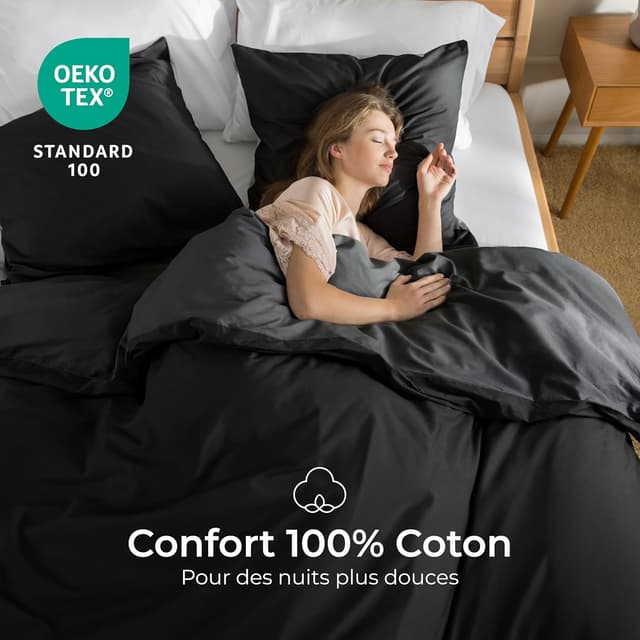 Detalle 2 de Dreamzie Housse de couette 200x240 réversible en coton noir (parure 3 pièces, Oeko-Tex)