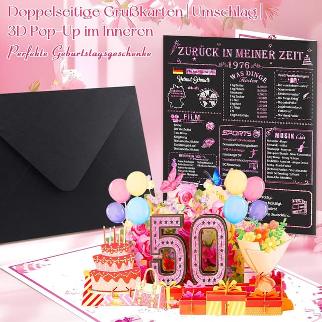 Detalle 2 de OLOSONG Geburtstagskarte 50 – 3D Pop-up Karte mit Umschlag (Back in 1976)