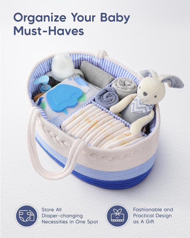 Detalle de Maliton Wickeltisch Organizer: Windel-Organizer mit Fächern, Griffen und T-Trennwand (36 x 22 x 18 cm) – Weiß/Blau