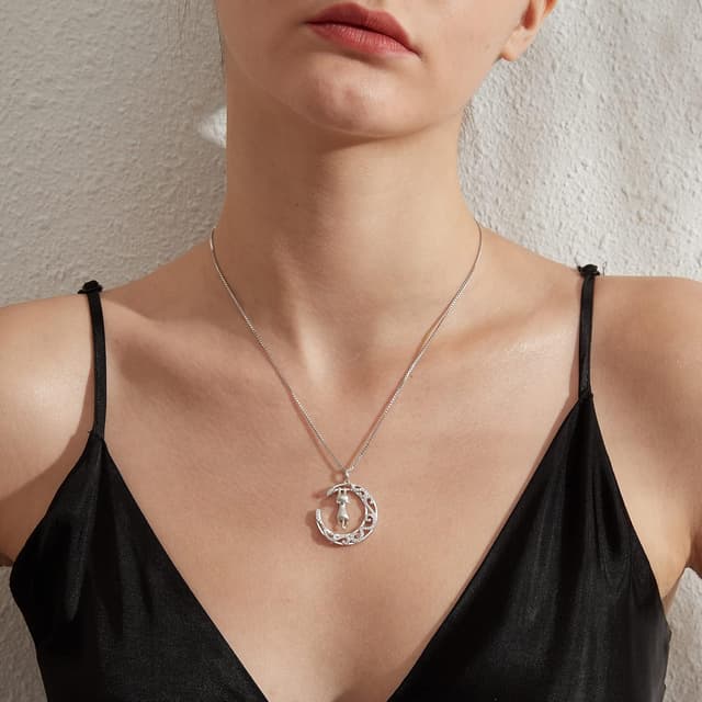 Detalle 2 de jiamiaoi Katzen Halskette mit Anhänger (925 Silber) und Mondmotiv