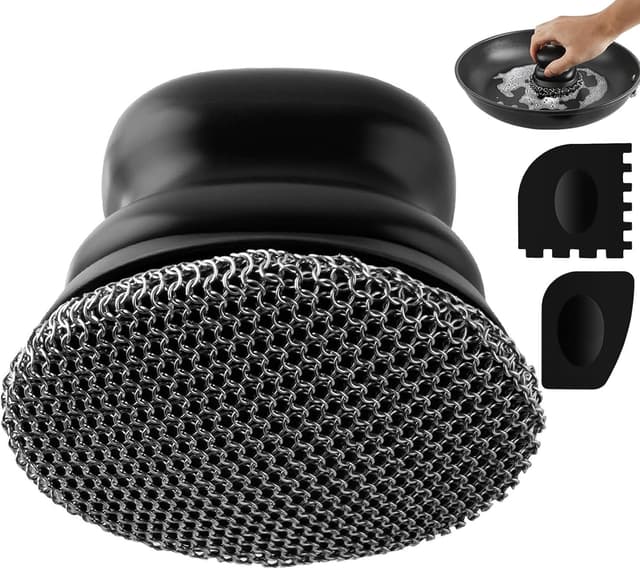 Detalle de Kettenmail-Schrubber für Gusseisenpfanne mit 2 Schabern und Silikonkissen (316er Edelstahl)