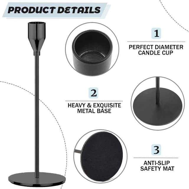 Detalle de Mivitoom Set of 3 Black Candle Holders for dinners 🕯