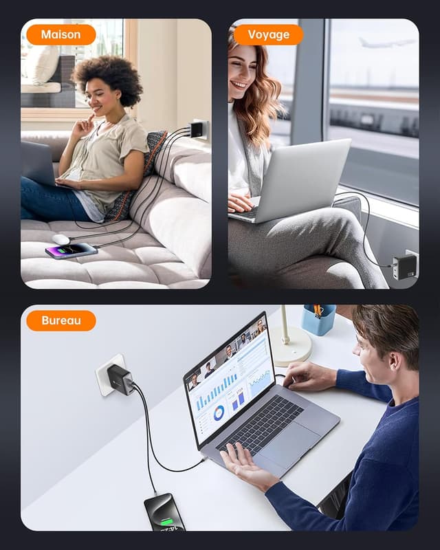 Detalle de Chargeur NOVOO USB‑C 120W pour MacBook Pro/Air, GaN III avec câble PD 100W (multiport)