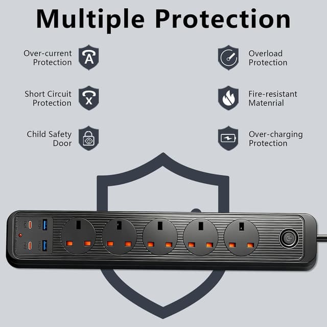 Detalle de 5M Extension Lead with USB Slots (2 Type C + 2 USB) and Overload Protection, 5 Plug Black
