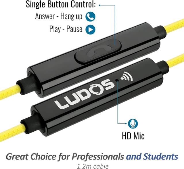 Detalle 2 de Ludos CLAMOR Wired Earbuds with Microphone (Noise Isolating, Memory Foam) – Yellow