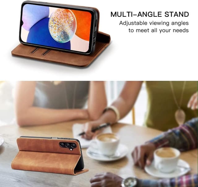 Detalle 2 de Leaisan Handyhülle für Samsung Galaxy A14 5G/4G – Leder-Flip mit Magnetverschluss, Kartenfächern und Standfunktion (braun)