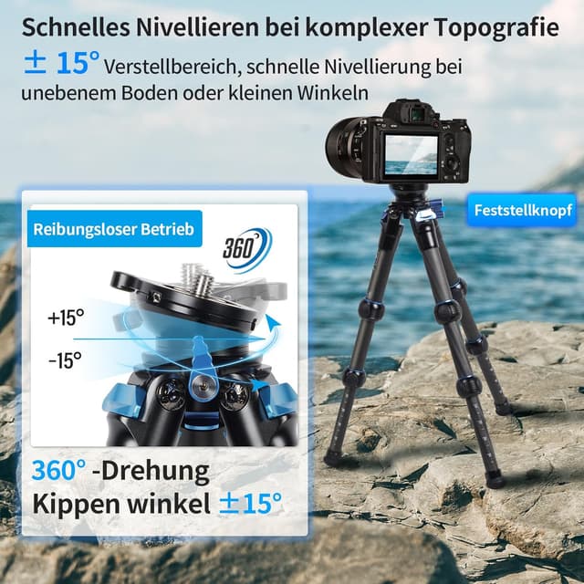 Detalle de SIRUI AM-223L Carbon Mini Reisestativ mit Nivellierbasis – ultraleichtes Ministativ für spiegellose Kameras