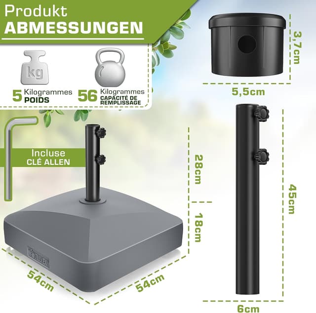 Detalle 2 de Pied de parasol tillvex® GRAVIA à roulettes et freins (remplissage 37 L / jusqu’à 56 kg) pour mât Ø 1,8 à 3,7 m