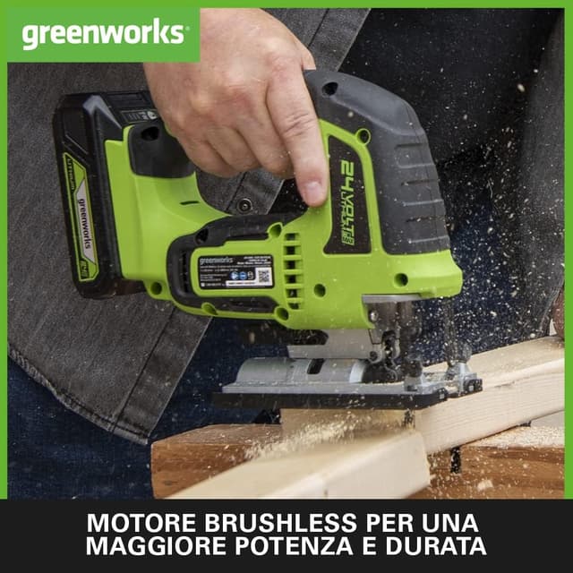 Detalle de Greenworks GD24JSK2 Seghetto alternativo a batteria 24V con 2 lame, base regolabile fino a 45°
