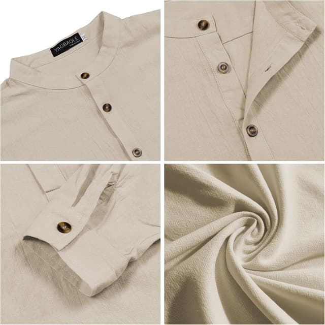 Detalle de YAOBAOLE chemise lin homme à manches longues (style henley, mao) – coton lin léger pour l’été