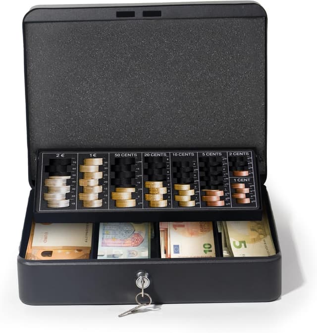 Detalle de GREELUE abschließbare Geldkassette mit Münzzählbrett, 30 × 24 × 9 cm (Schwarz)