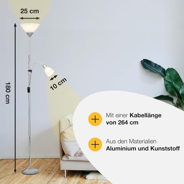 Detalle de Brilliant Lampe Spari Deckenfluter Lesearm silber/weiß – 1x E27, mit Schnurzwischenschalter, höhenverstellbar