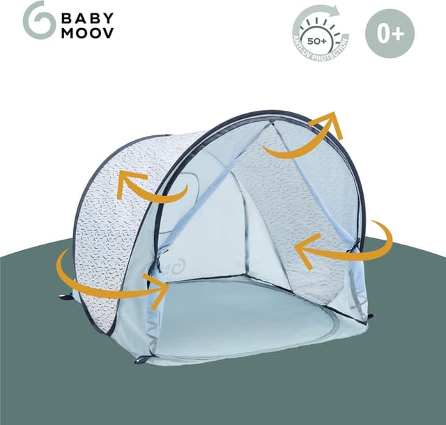 Detalle de Babymoov Tente Anti-UV Bébé Haute Protection FPS 50+ avec moustiquaire intégrée (pop-up) – Grande tente de plage Blue Waves