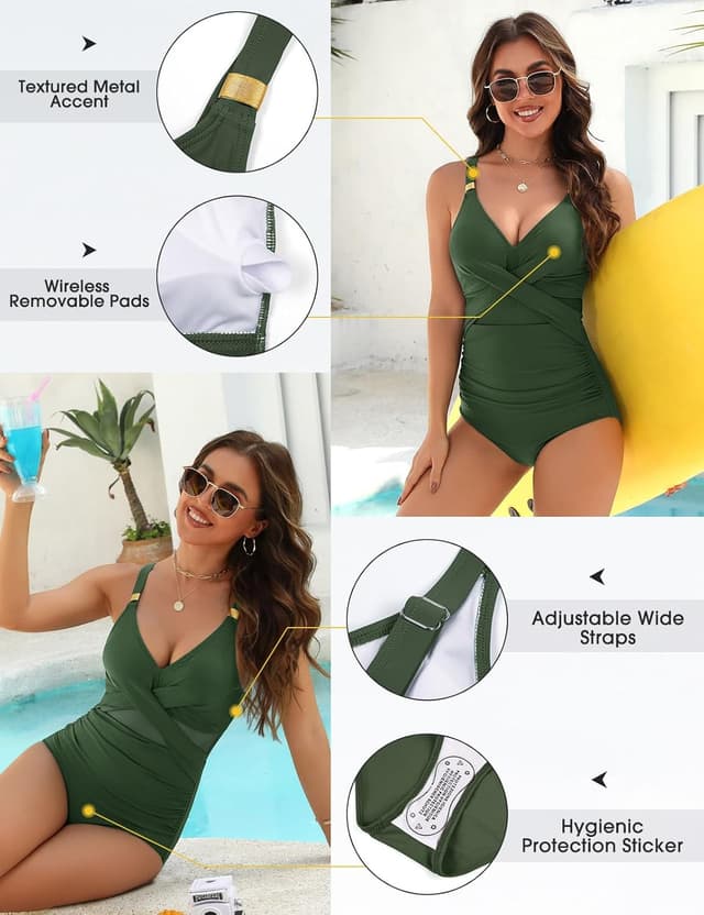 Detalle de FemiChic Maillot de bain femme 1 pièce gainant à col en V, froncé et push-up grande taille