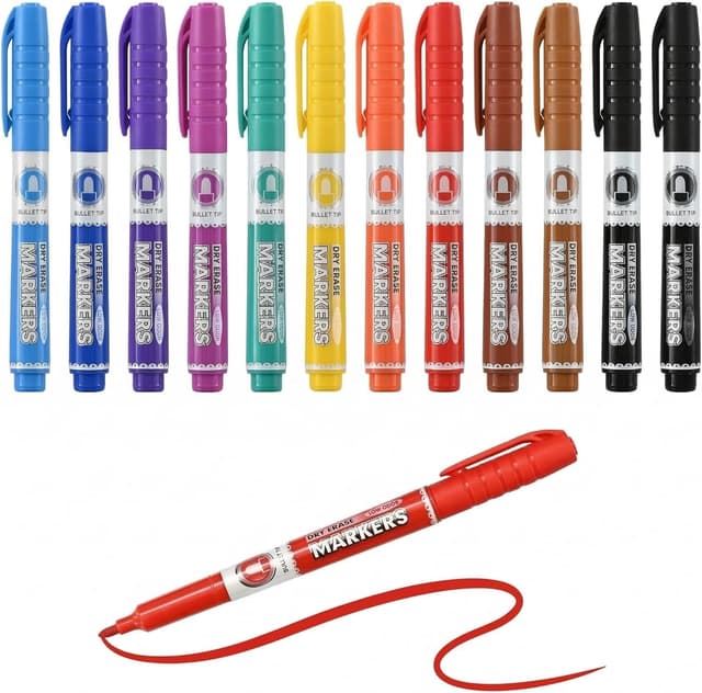 Detalle 2 de SUQJOY Whiteboard Pens (Medium Fine Tip) – Low Odour Dry Wipe Markers, 12-pack, 4 colours