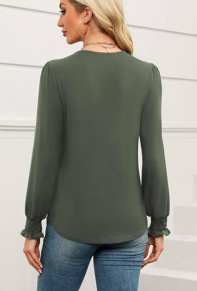 Detalle de Neineiwu Langarmshirt Damen mit V-Ausschnitt und Knopfleiste – elegante Bluse lässig kombinierbar