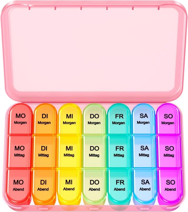 Detalle de Doruimi Tablettenbox für 7 Tage mit 3 Fächern (Morgens/Mittags/Abends) – rosa, kompakt