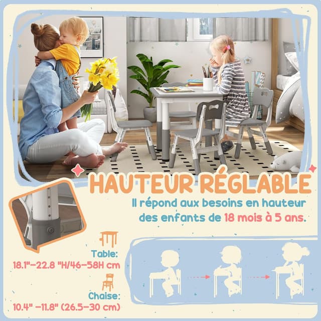 Thumbnail 2 de AIYAPLAY Ensemble Table et chaises Enfants Gris 5 pièces