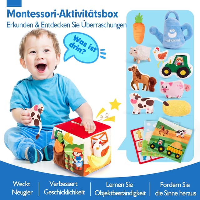 Detalle de hahaland Baby Spielzeug Bauernhof-Schatzkiste mit 9 Rasseln, Spiegel & Stofftüchern (6–12 Monate)