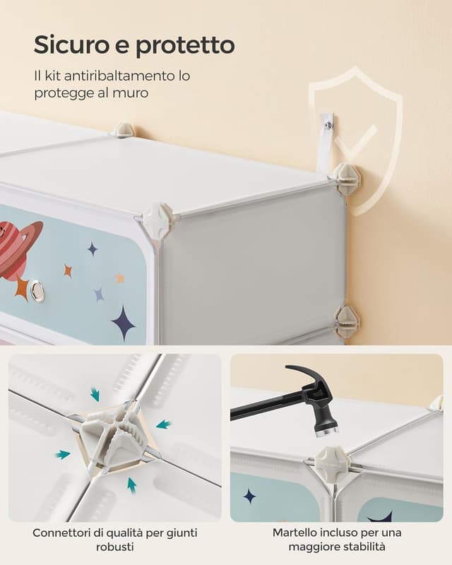 Detalle 2 de SONGMICS Scarpiera a 12 scomparti per bambini con ante e motivi stellari LPC907W01, 31 x 81 x 106 cm