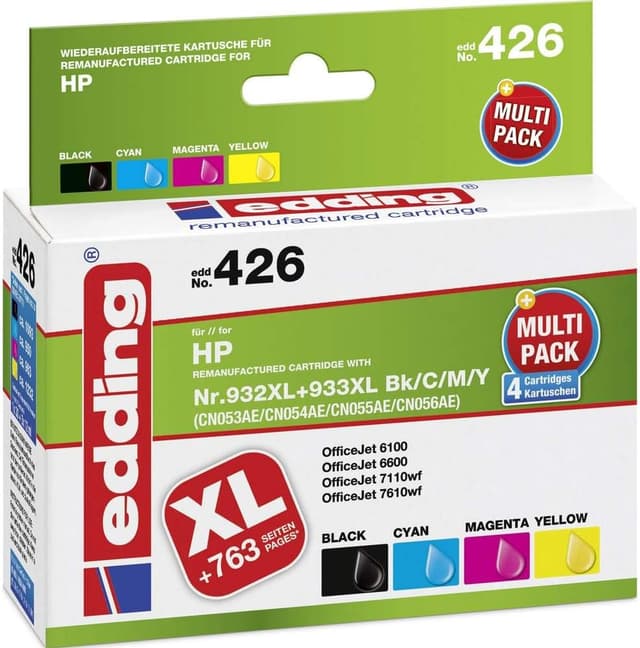 Detalle de edding EDD-426 Druckerpatrone Multipack 4 (Schwarz, Cyan, Magenta, Gelb) – 1x 30 ml + 3x 12 ml