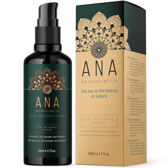 Detalle de ANA Naturkosmetik Bio Retinol Serum (hochdosiert) mit Hanfsamenöl, 100 ml – vegan & Made in Germany
