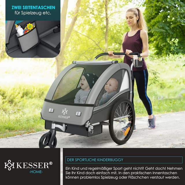 Thumbnail 5 de KESSER Kinderfahrradanhänger Sport-RX 2in1 Jogger & Buggy mit 5-Punkt-Gurt, 360°-Vorderrad und Sicherheits-Set für 1–2 Kinder