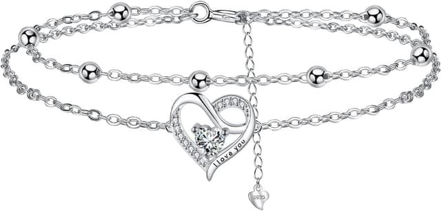 Detalle de J.MUEN Bracelet femme en argent sterling 925 avec double cœur et zirconias, réglable (17 cm + 4)