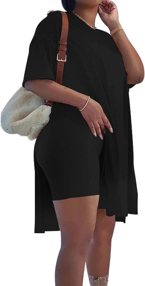 Detalle 2 de AXOSY Women Plus Size 2-Piece Short-Sleeve Tunic Top & Skinny Biker Shorts Set