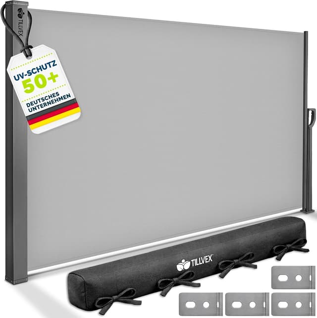 Detalle de tillvex® Seitenmarkise 180 x 400 cm ausziehbar – blickdicht mit Regencover und Wandhalterung