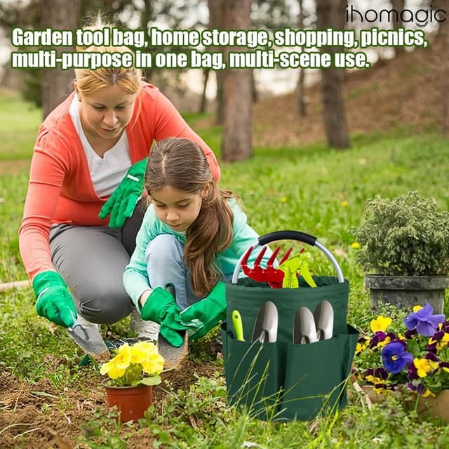 Detalle de IHOMAGIC Foldable Storage Bin with 6 Outer Pockets (17L) – Round Tool Basket, Carrying Hamper, Blackish Green