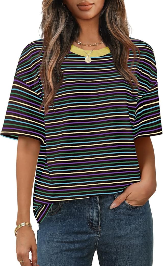 Detalle de Cuptacc Damen Oversize T-Shirt mit Rundhals und Streifenmuster – Kurzarm-Tunika im Sommerlook