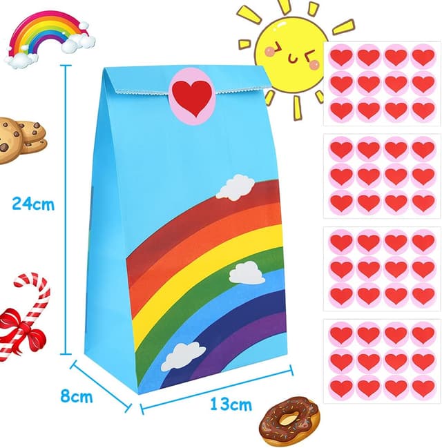Detalle 2 de flintronic 48 Pack Kraft Sweet Party Bags with Rainbow Design and Smile Stickers (13 × 8 × 24CM)