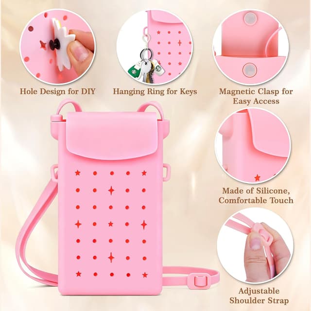 Detalle 2 de Silicone Crossbody Phone Purse for Women & Girls – Small Bag with Adjustable Strap, Magnetic Closure & 15 Christmas Charms