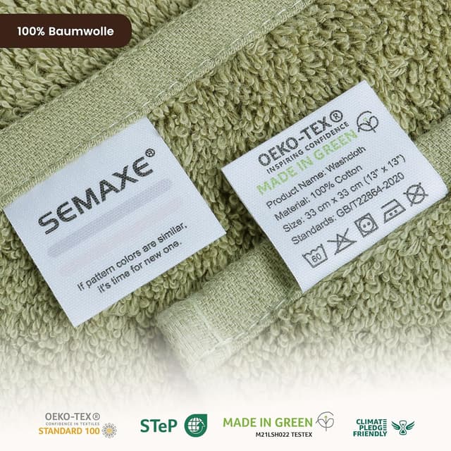 Detalle de SEMAXE 100% Cotton Washcloths 12-Pack (13 × 13-inch) — Soft, super-absorbent face towels with hanging loop