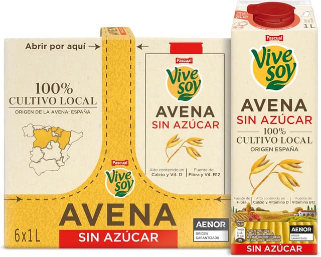 Detalle de Vivesoy Bebida Vegetal de Avena Sin Azúcar 100% Cultivo Local (Pack 6 x 1L)