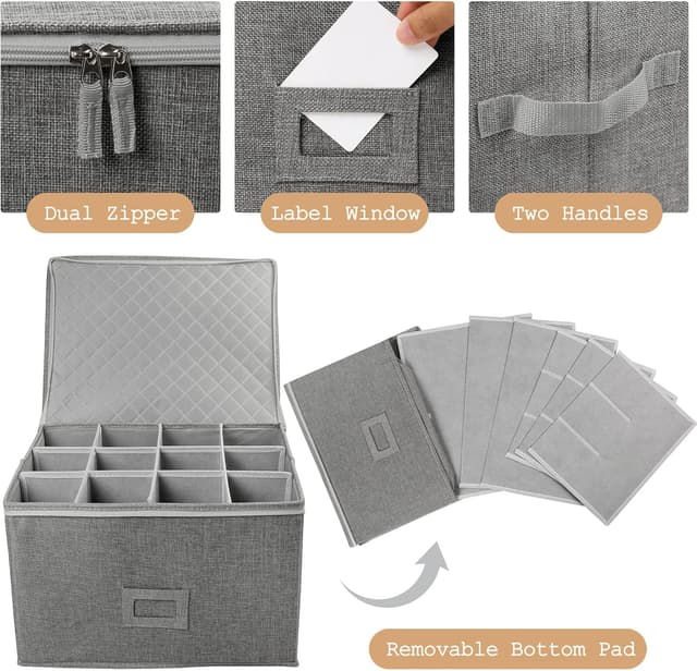 Detalle de LotFancy Stemware Storage Container (Hard Shell) — Stackable Wine Glass Storage Box with Dividers & Handles