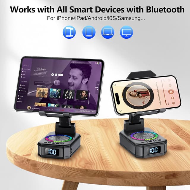 Detalle 2 de buwy Bluetooth Cell Phone Stand Speaker (Wireless) with 360° Swivel LED Lights