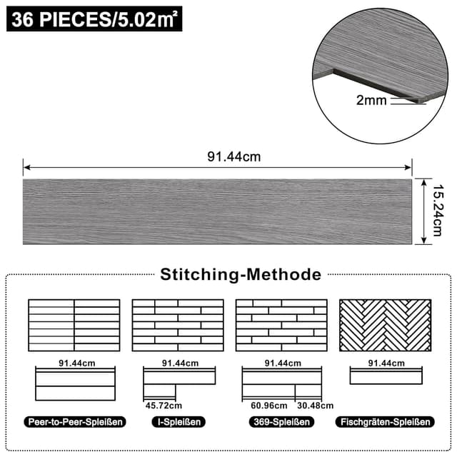 Detalle 2 de LZQ selbstklebender PVC-Bodenbelag Vinylboden mit Holz-Effekt (Eiche Grau) – 36 Fliesen, 5,02 m²