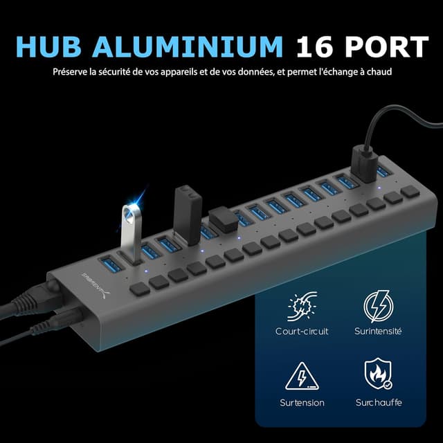 Detalle de SABRENT Hub USB alimenté 16 ports 5 Gbps (HB-PU16) avec adaptateur 12V/7,5A 90W
